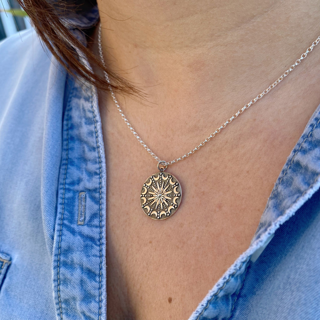 Sterling Silver Sun and Moon Mandala Pendant Necklace -NEW