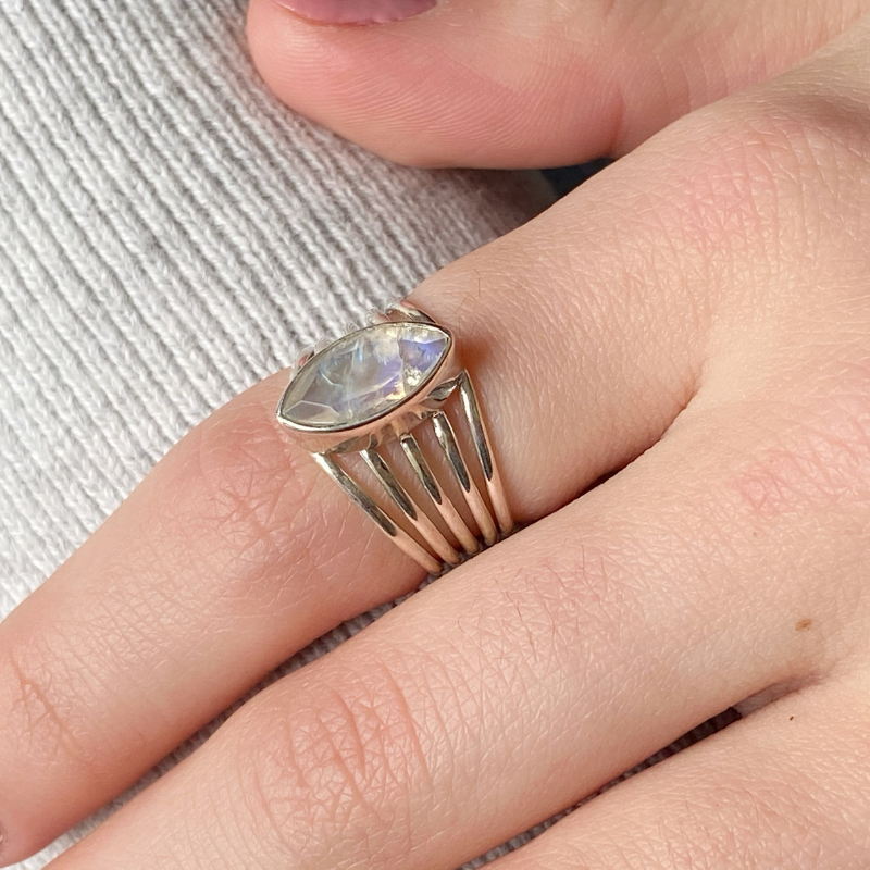 Marquise Rainbow Moonstone Silver Ring | Gemstone Jewellery