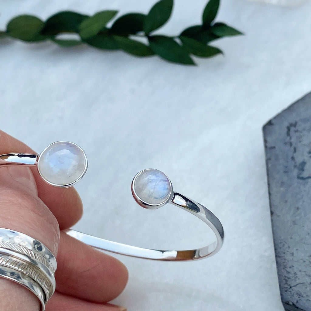 Rainbow Moonstone Sterling Silver Bangle | Adjustable Silver Bangle