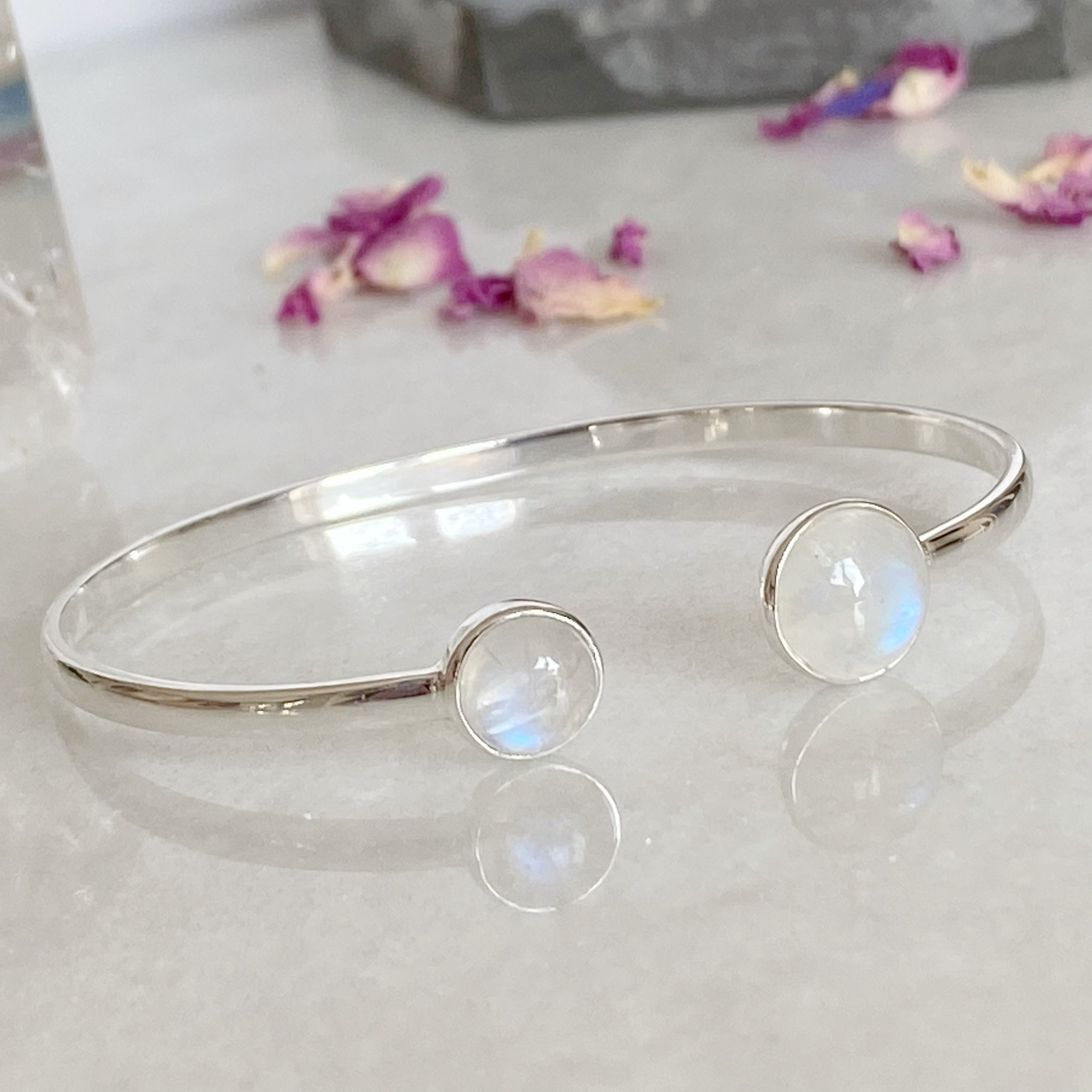 Rainbow Moonstone Sterling Silver Bangle Adjustable Silver Bangle
