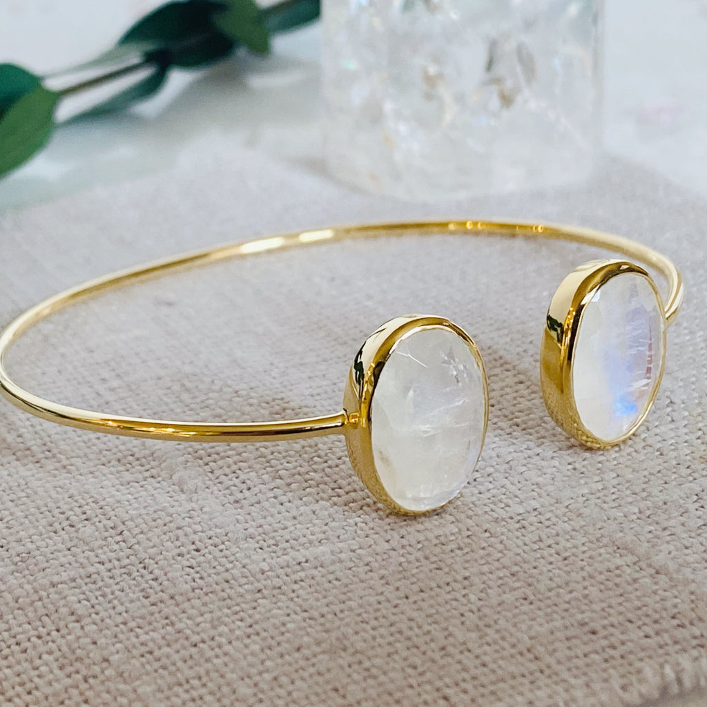 14K Gold Vermeil Rainbow Moonstone Cuff Bracelet