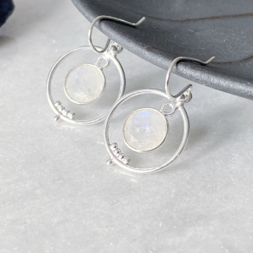 Rainbow Moonstone Drop Circle Earrings | Sterling Silver Moonstone Earrings
