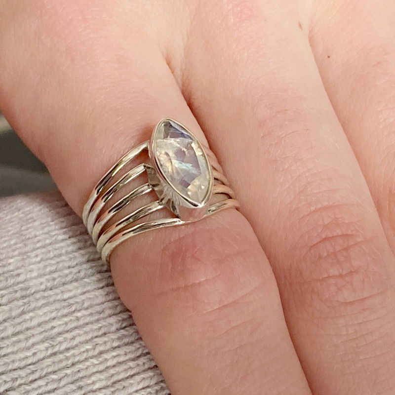 Marquise Rainbow Moonstone Silver Ring | Gemstone Jewellery