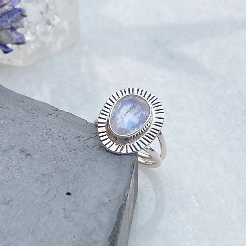 Takia Rainbow Moonstone Silver Ring | Gemstone Ring