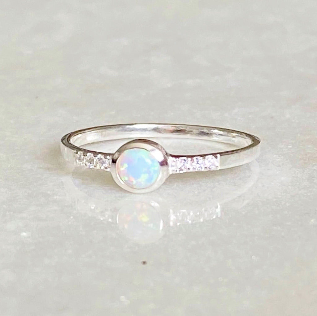 White Opal and Cubic Zirconia Sparkle Ring | Silver Opal Ring