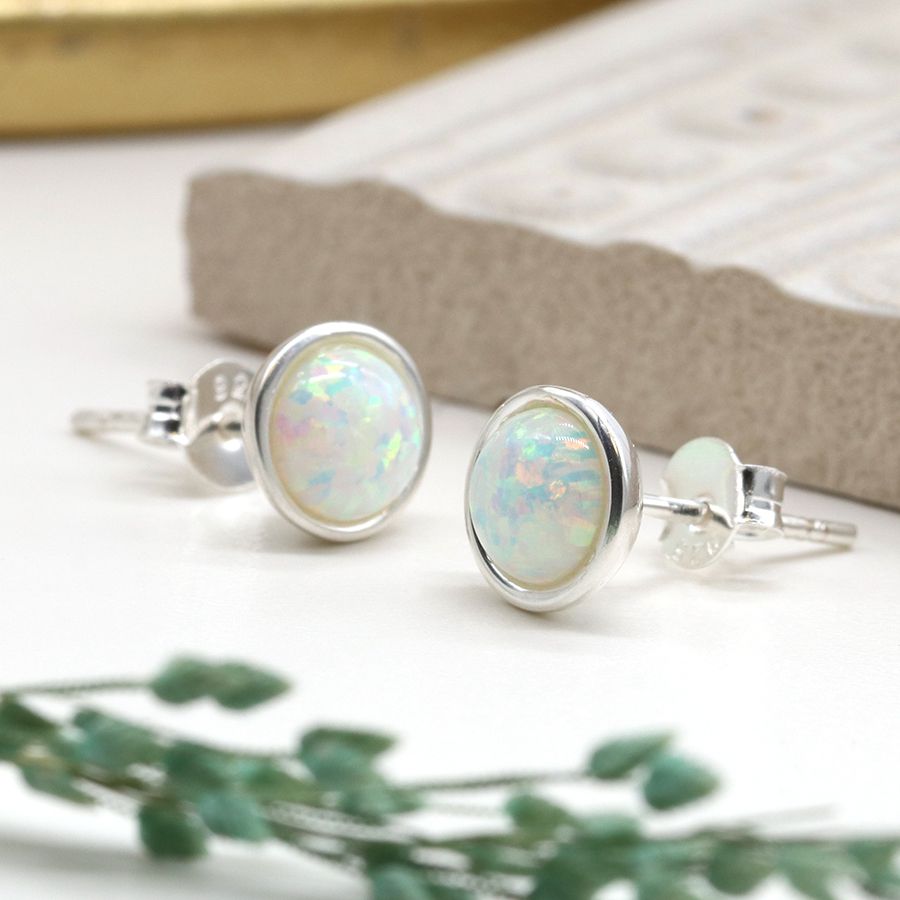 White Flash Opal Stud Earrings | Silver Opal Earrings