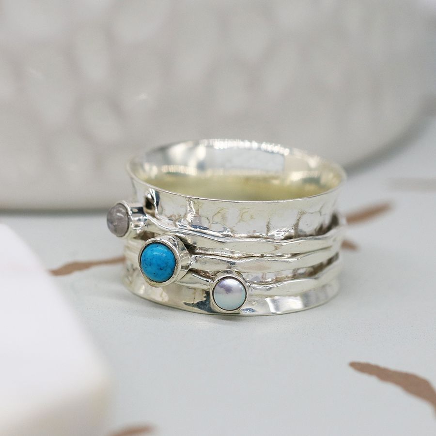 Abyss Spinner Ring - Turquoise, Pearl and Moonstone Gemstone Sterling Silver Spinner Ring