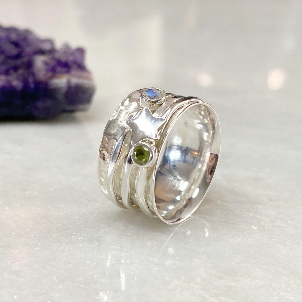 Peridot - Sterling Silver Star And Gemstone Spinner Ring - Moonstone And Peridot