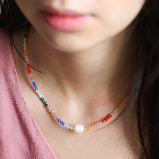 Rainbow Beads and Freshwater Pearl Necklace  | Rainbow Choker Necklace