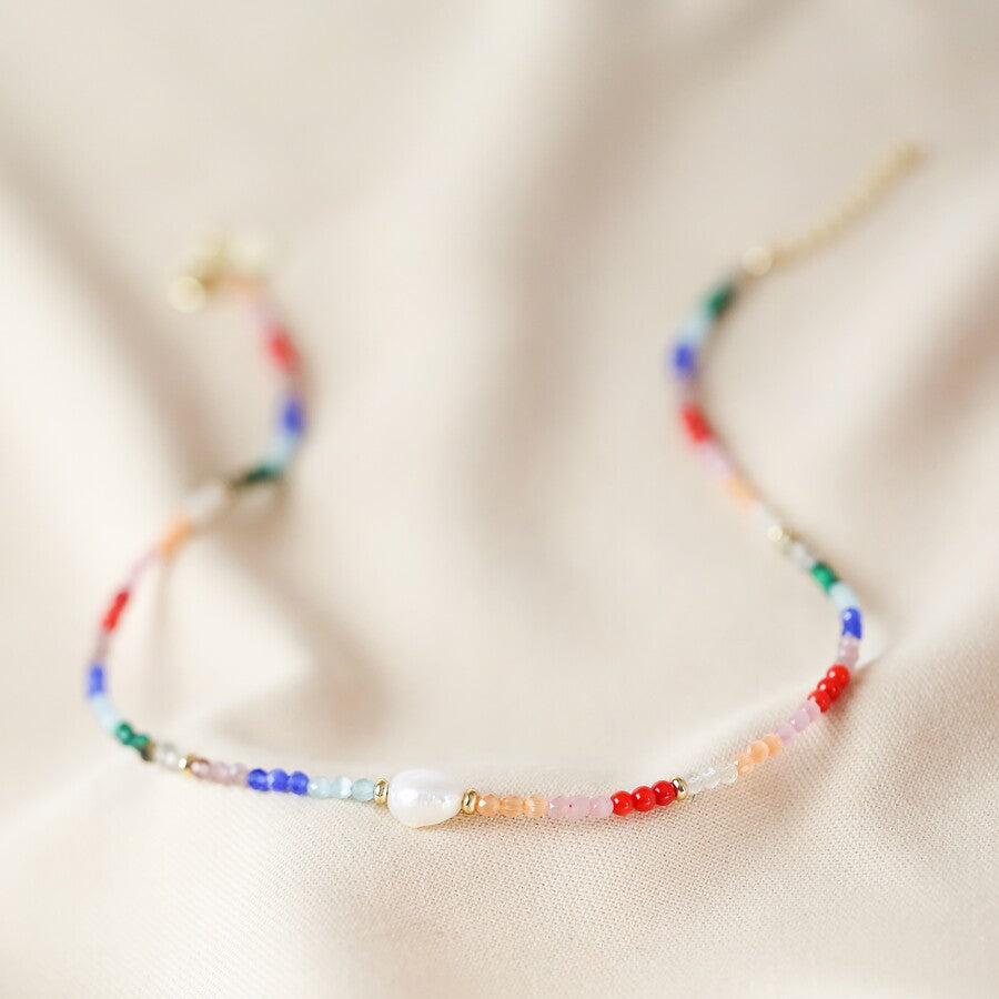 Rainbow Beads and Freshwater Pearl Necklace  | Rainbow Choker Necklace