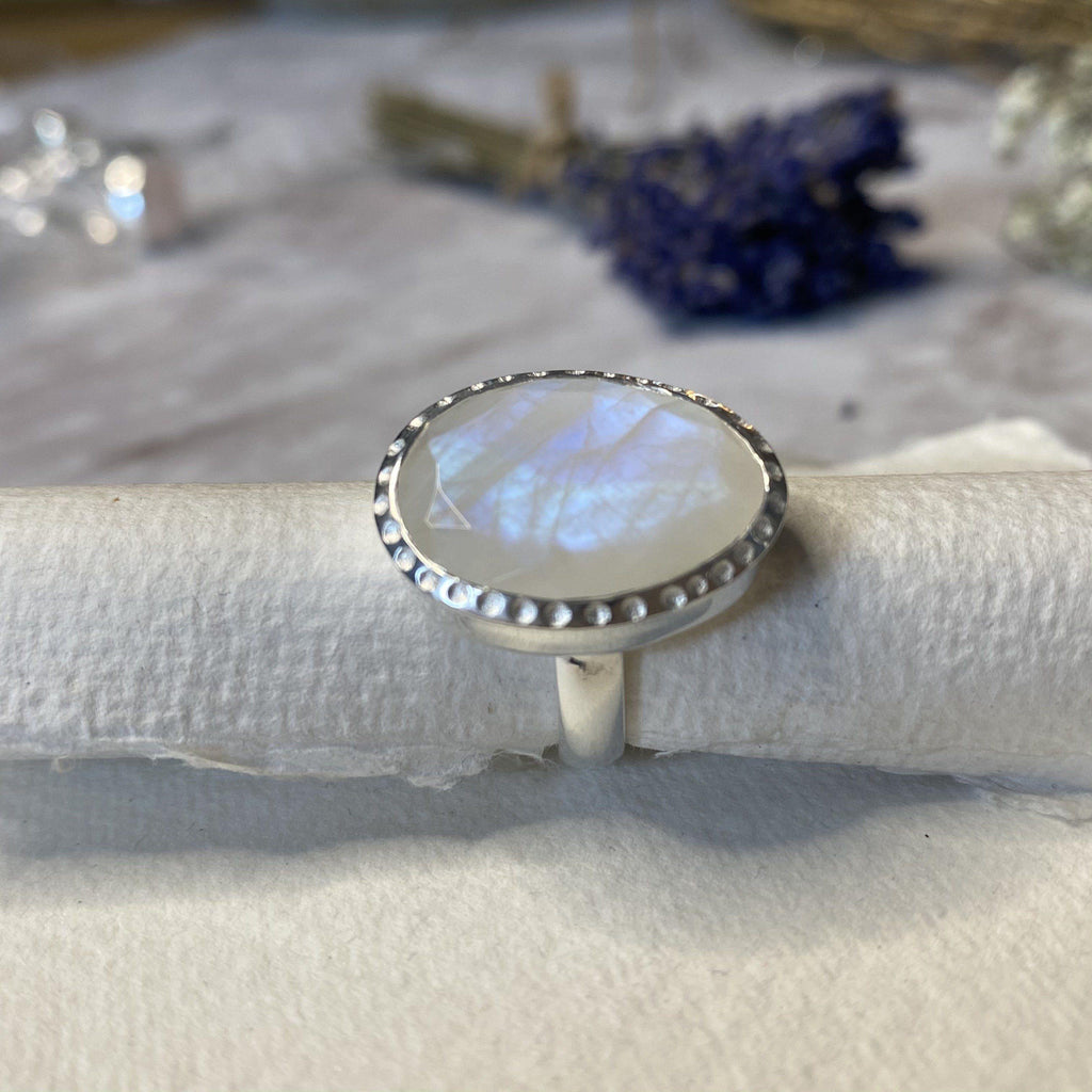 Rainbow Moonstone Halo Silver Ring