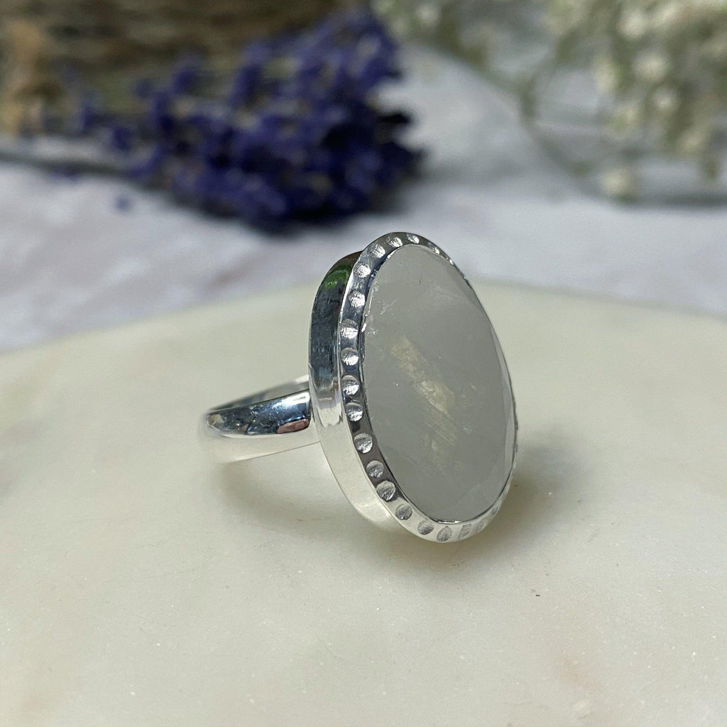 Rainbow Moonstone Halo Silver Ring