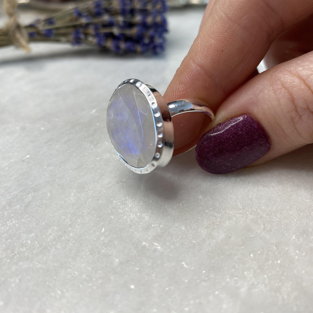 Rainbow Moonstone Halo Silver Ring