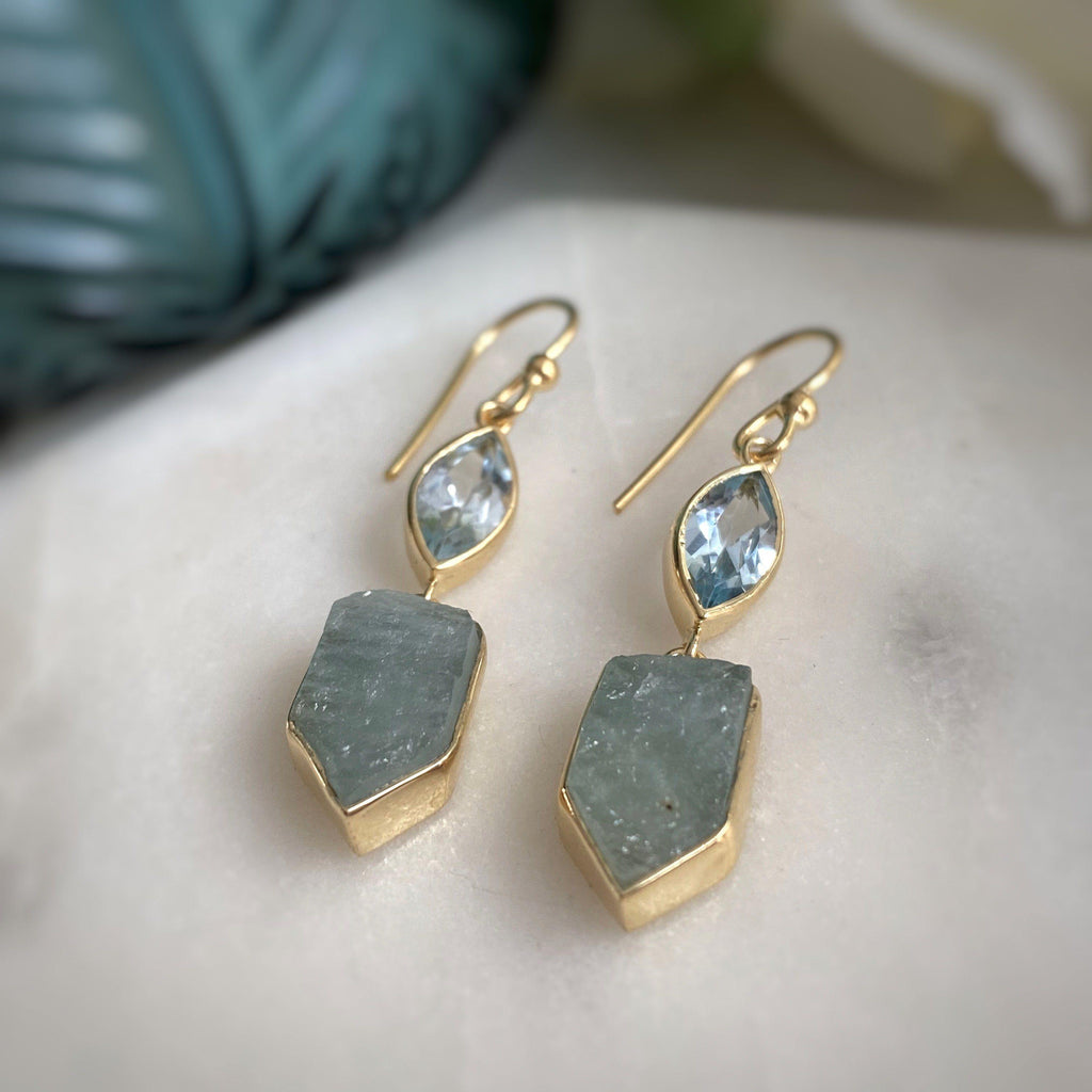Raw Aquamarine And Topaz Gemstone Earrings