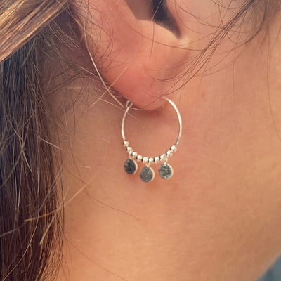 Sterling Silver Hoop Earrings With Discs and Beads | Silver Boho earrings