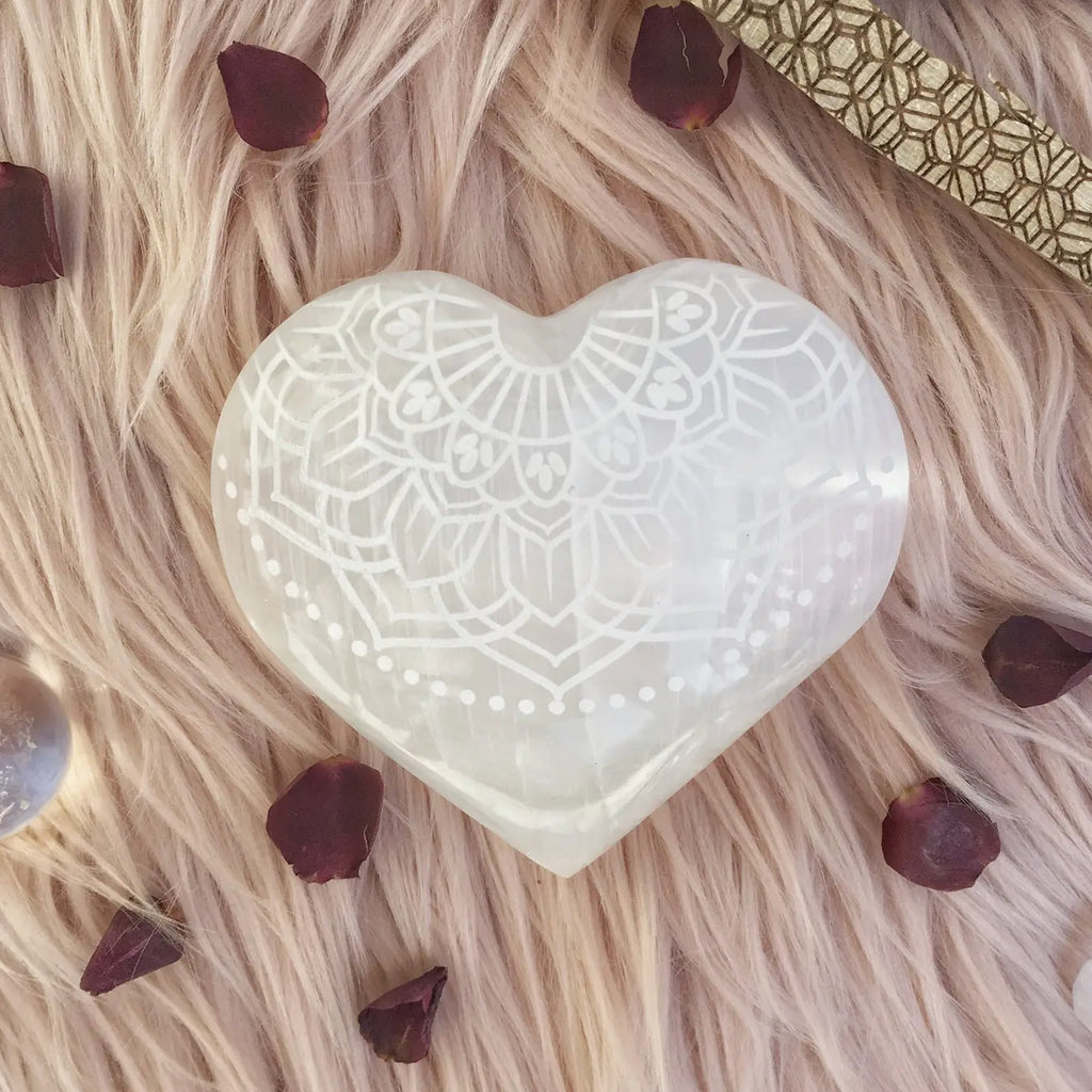 Etched Selenite Heart "Radiate Bliss" | Carved Selenite Crystal 