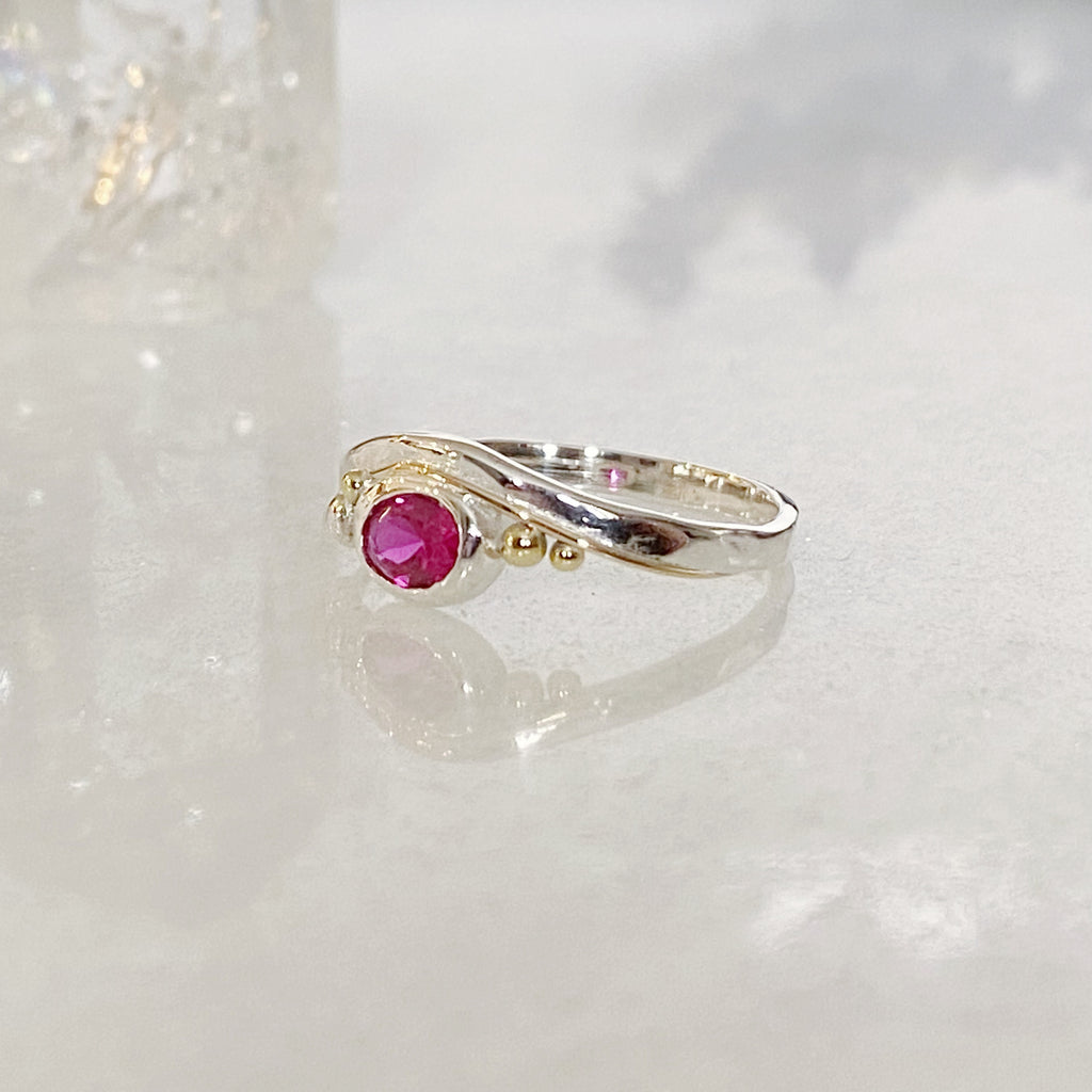 Organic Shaped Silver and gold dot Ruby Gemstone Ring
