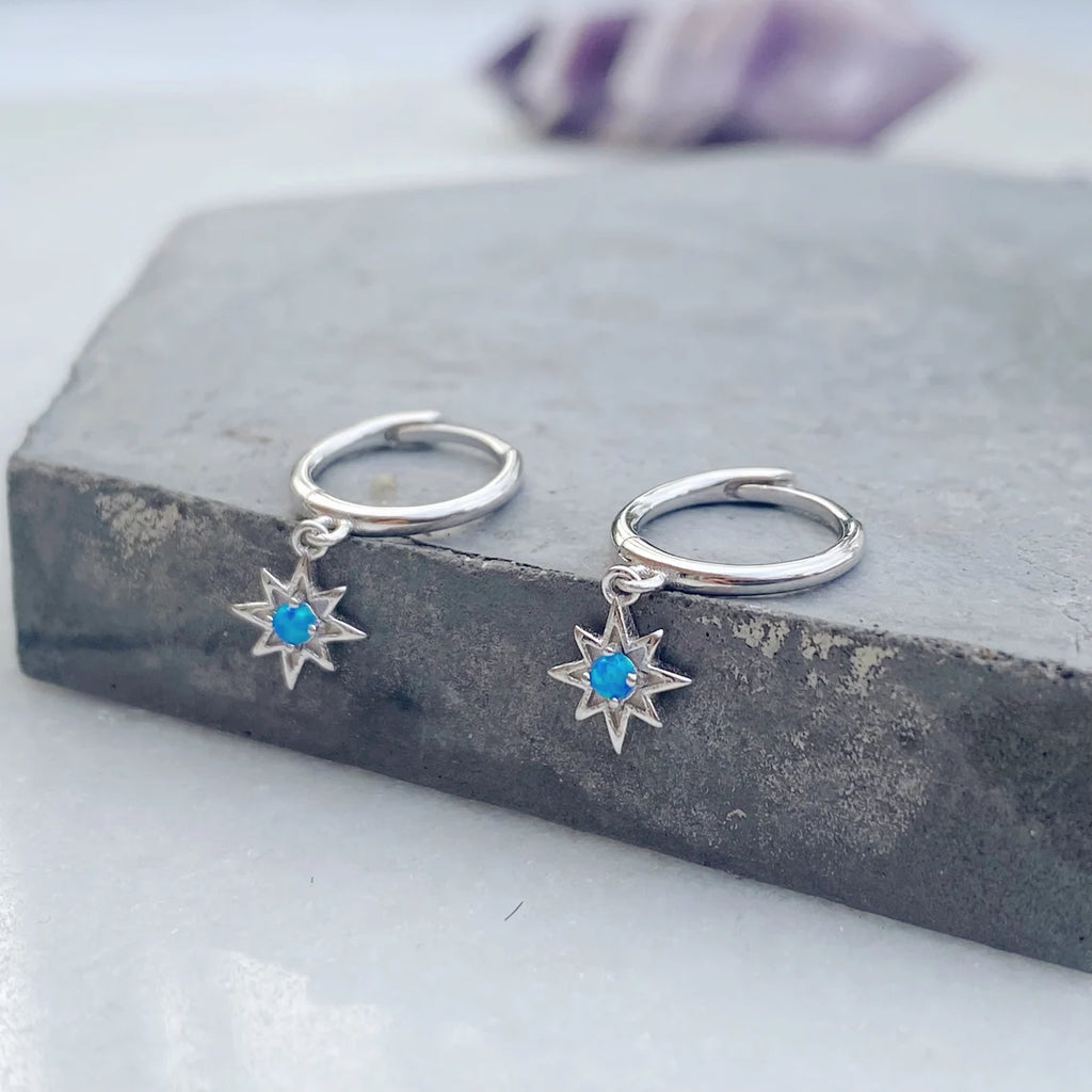 Sterling Silver Opal Star Huggie Hoops | Mini Hoop Earrings