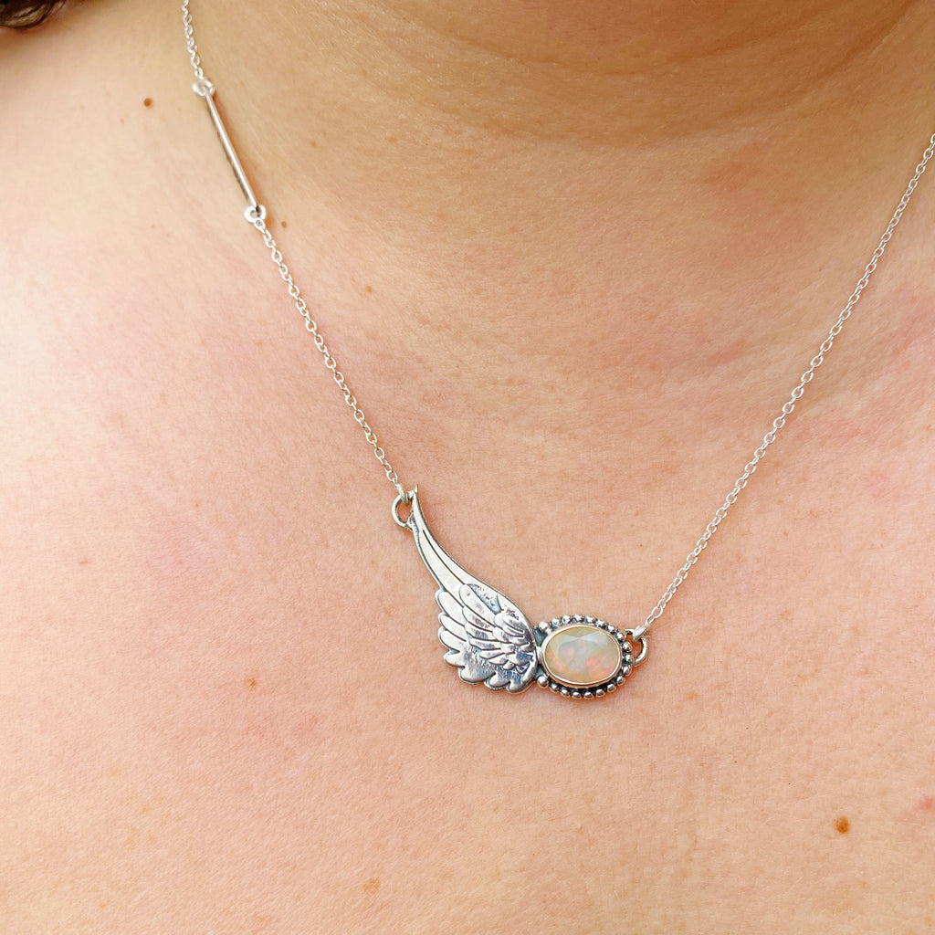 Opal Angel Wing Silver Necklace Necklace | Genuine Opal Jewellery