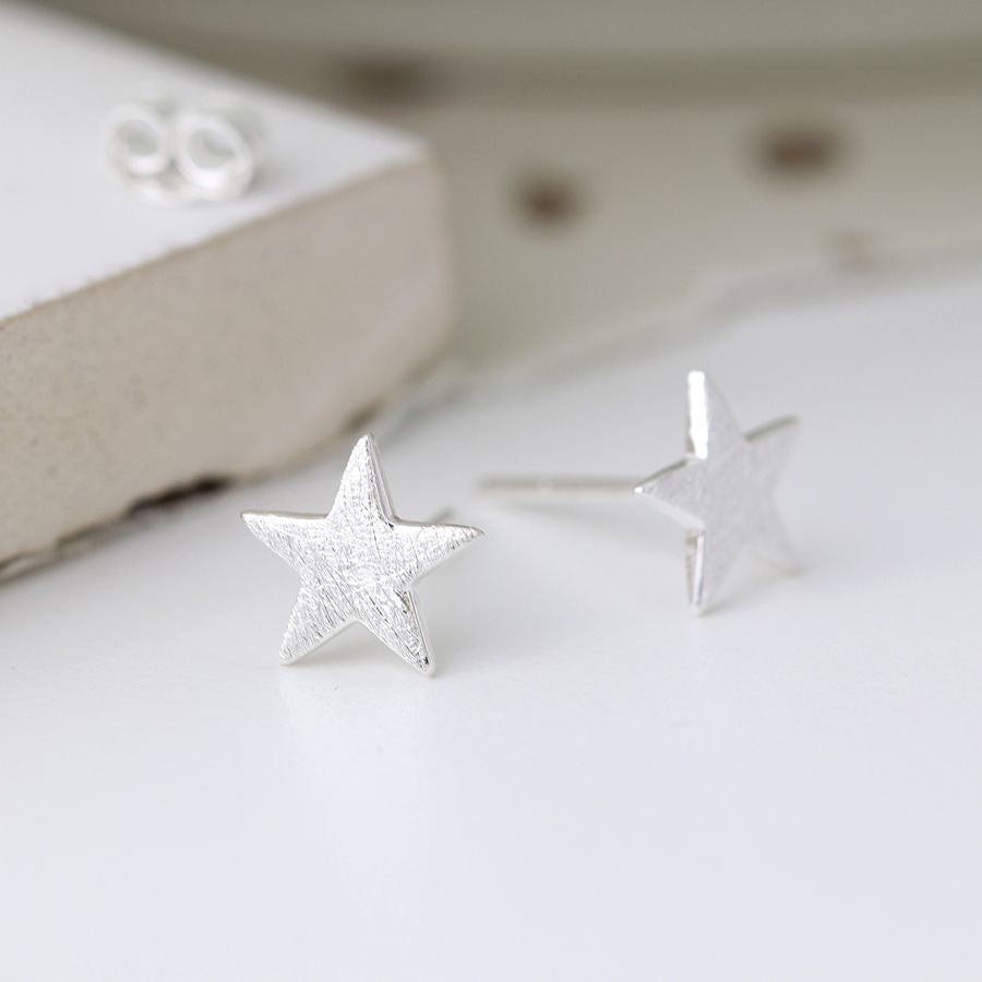 Brushed Sterling Silver Star Stud Earrings | North Star studs