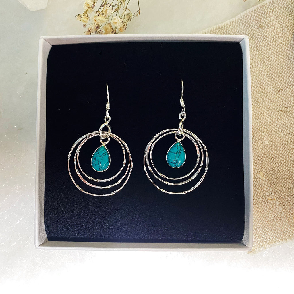 Eleri Teardrop Gemstone Hoop Earrings -Turquoise - Silver Earrings