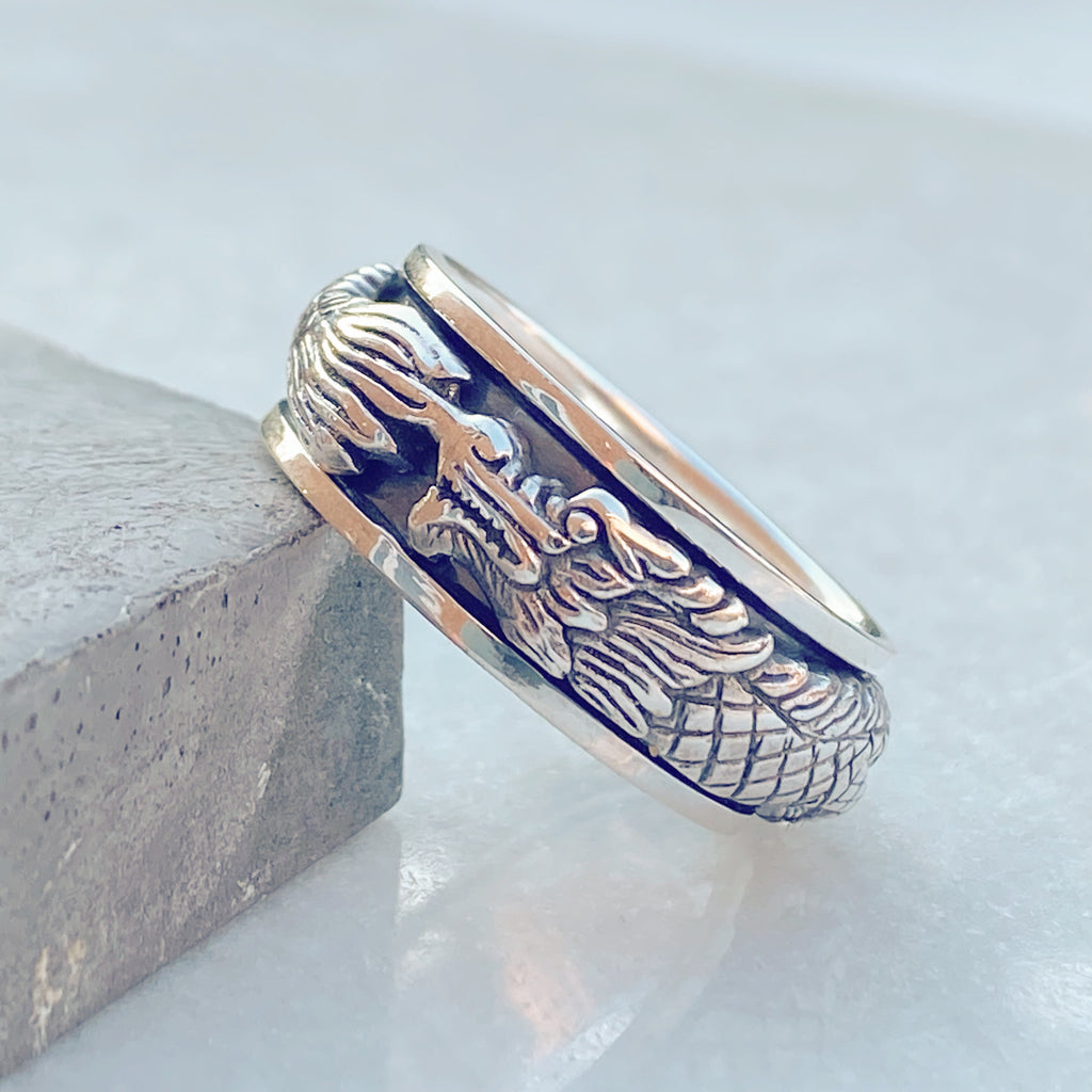 Mens Dragon Silver Spinner Ring | Handmade Mens Spinner Rings UK