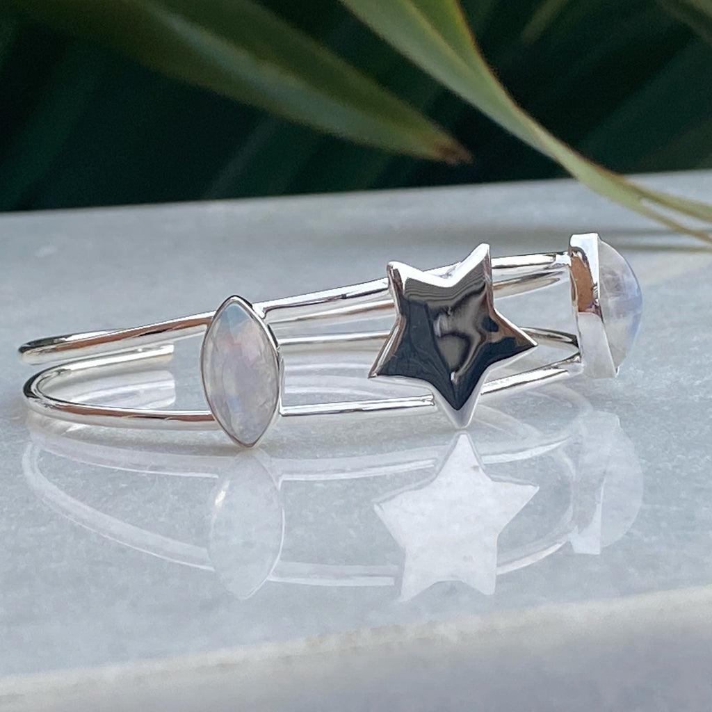 Divine Moonstone Silver Star Bangle | Adjustable Gemstone Bracelet