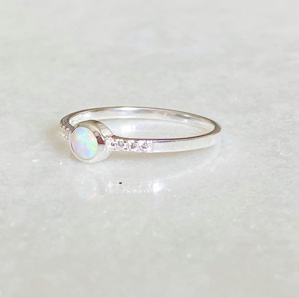 White Opal and Cubic Zirconia Sparkle Ring | Silver Opal Ring