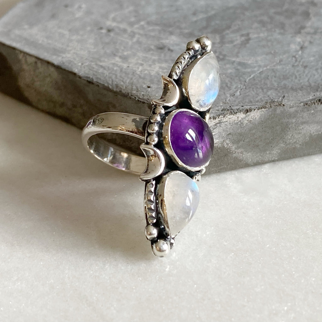 MAGICAL Moonstone and Amethyst Silver Ring  | Handmade Boho Jewellery