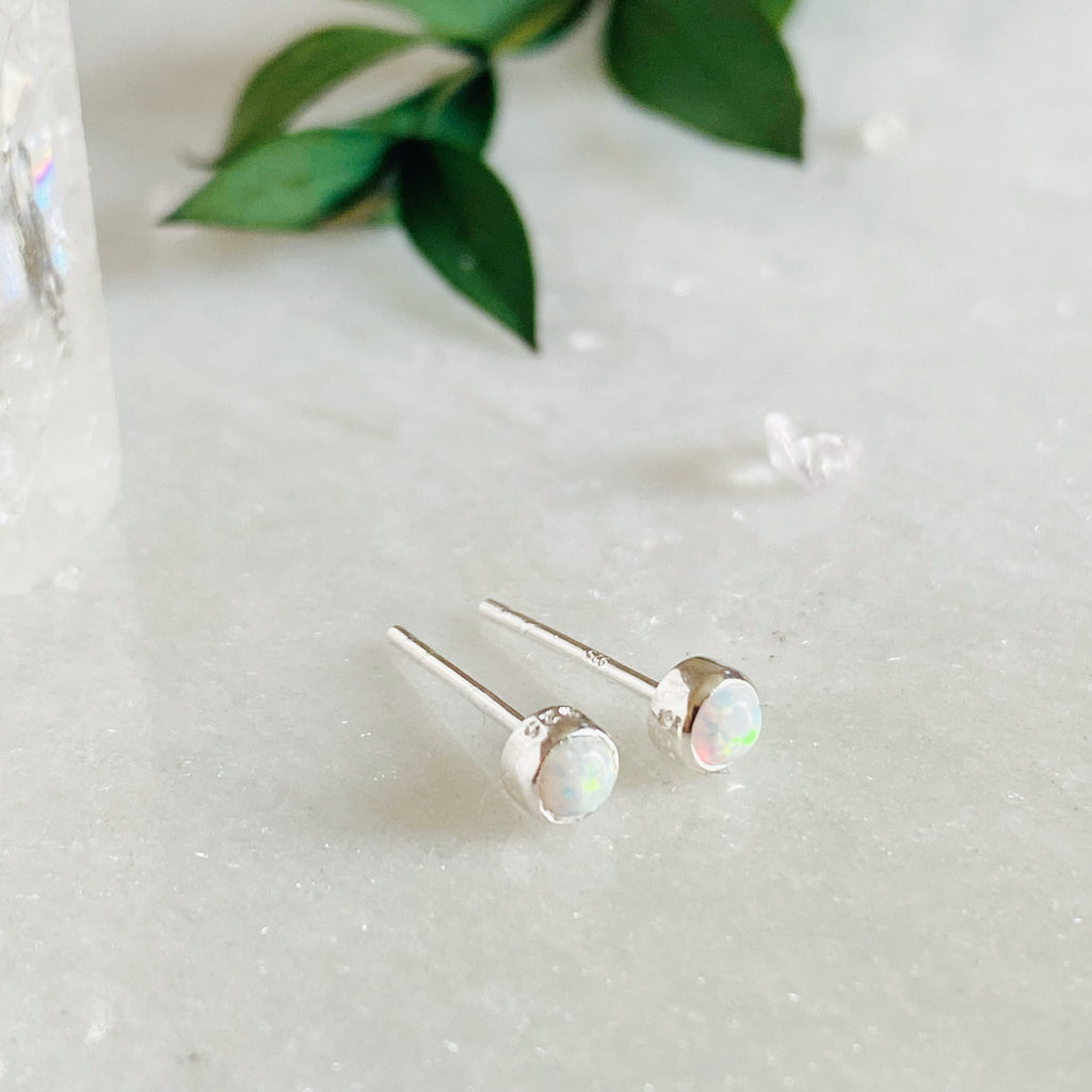 TINY OPALIQUE SILVER EARRINGS | Sterling silver white opal earrings