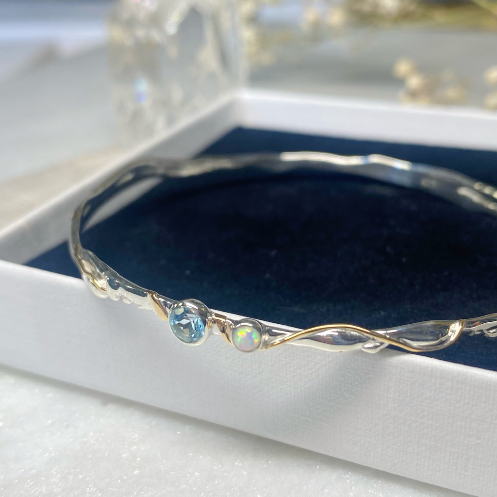 Blue Topaz & Opal Bangle in Sterling Silver  | November Birthstone Jewellery