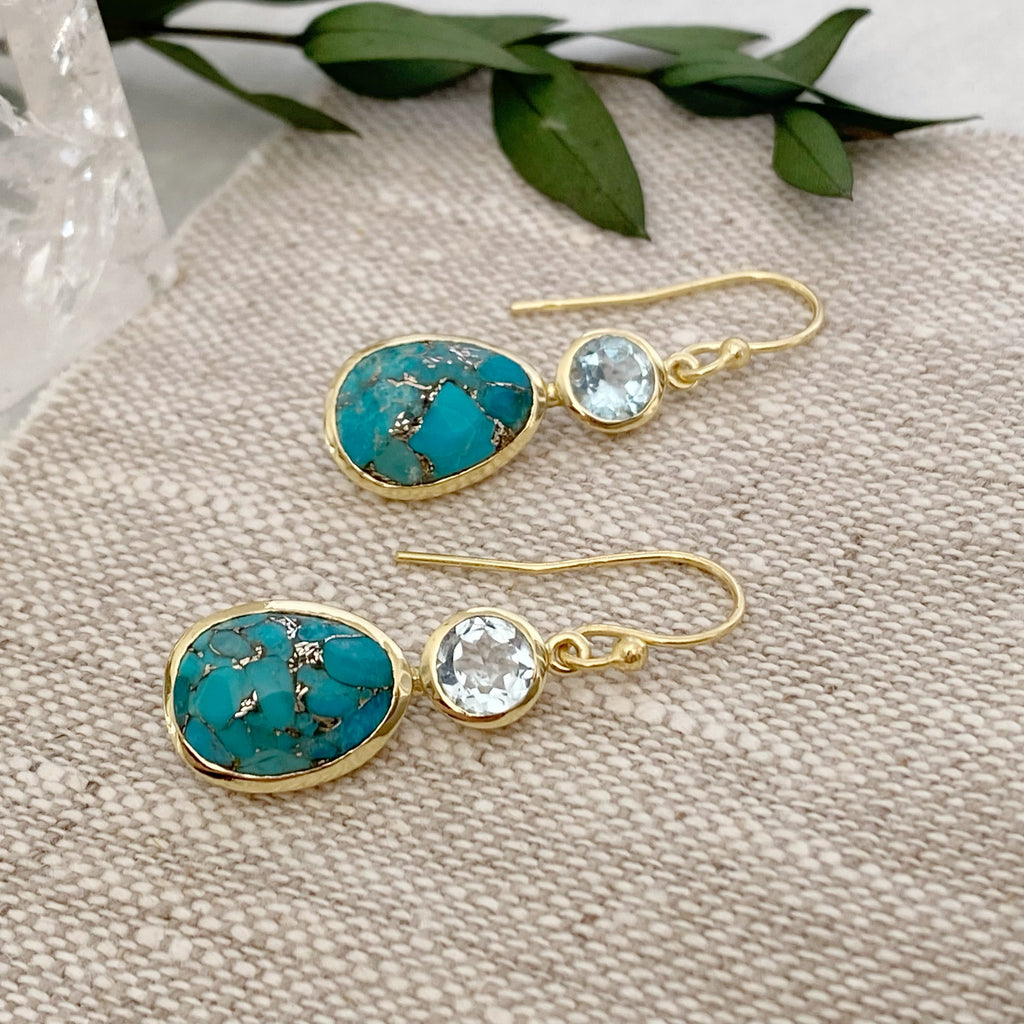 14K Gold Vermeil Copper Turquoise and Topaz Earrings | Turquoise Drops