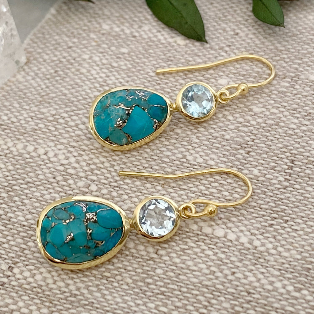 14K Gold Vermeil Copper Turquoise and Topaz Earrings | Turquoise Drops