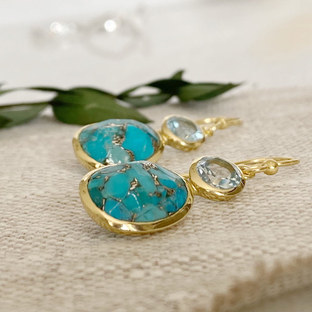 14K Gold Vermeil Copper Turquoise and Topaz Earrings | Turquoise Drops