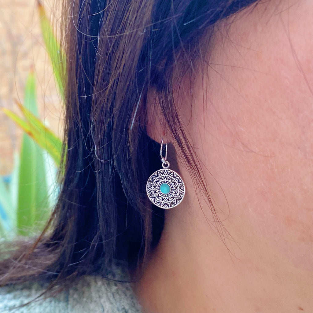 Boho Turquoise Disc Silver Earrings | Sterling Silver Bohemian Jewellery