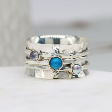 Abyss Spinner Ring - Turquoise, Pearl and Moonstone Gemstone Sterling Silver Spinner Ring