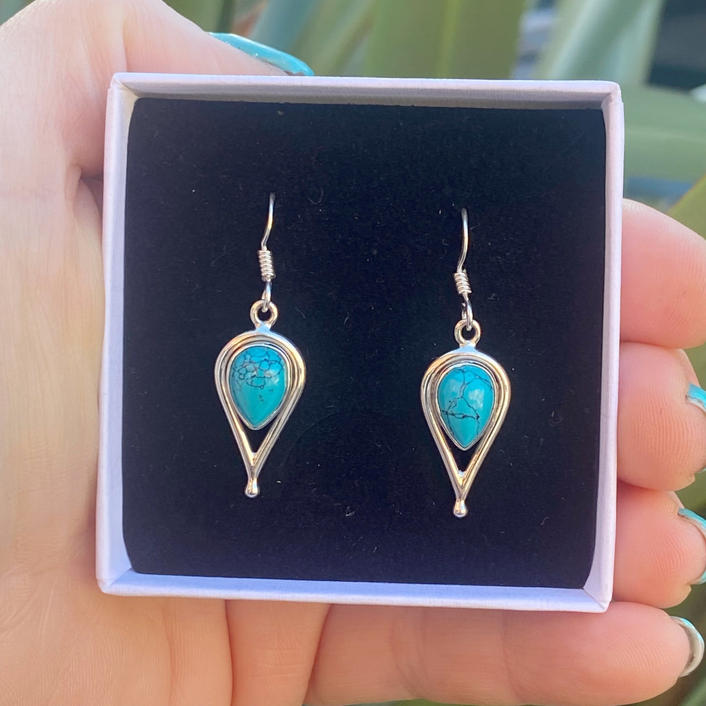 Turquoise Gemstone Teardrop Earrings | Handmade silver Earrings
