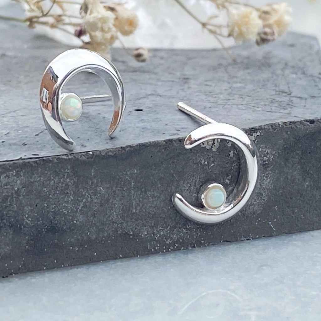 White Opalite Moon Crescent Earrings | Sterling Silver Earrings