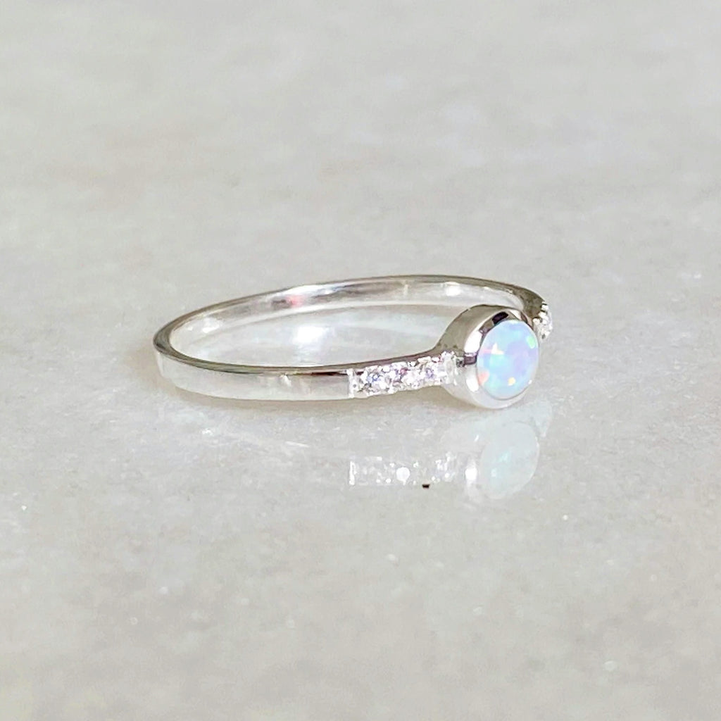 White Opal and Cubic Zirconia Sparkle Ring | Silver Opal Ring