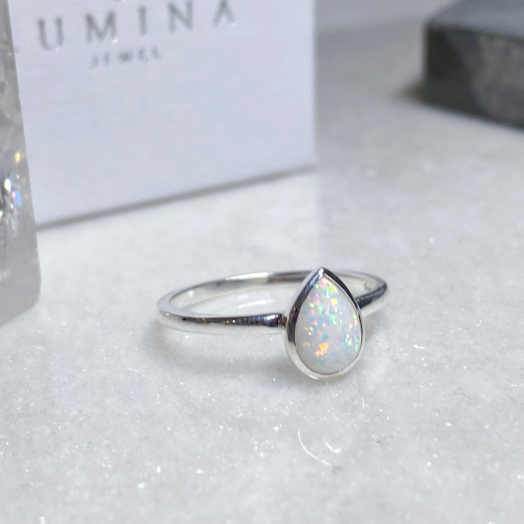 Mia Opal Teardrop Silver Ring -Sterling Silver White Opal Ring