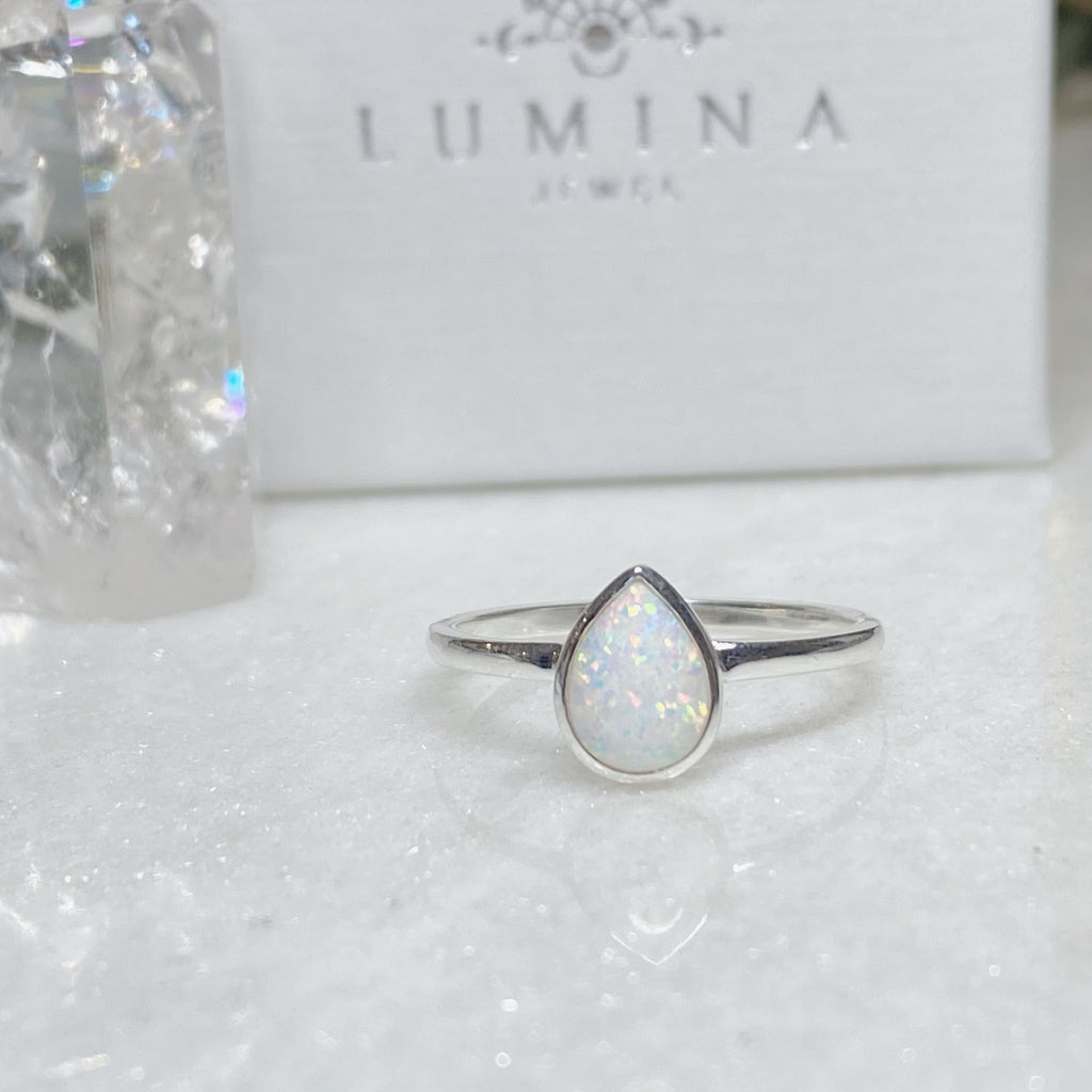 Mia Opal Teardrop Silver Ring -Sterling Silver White Opal Ring