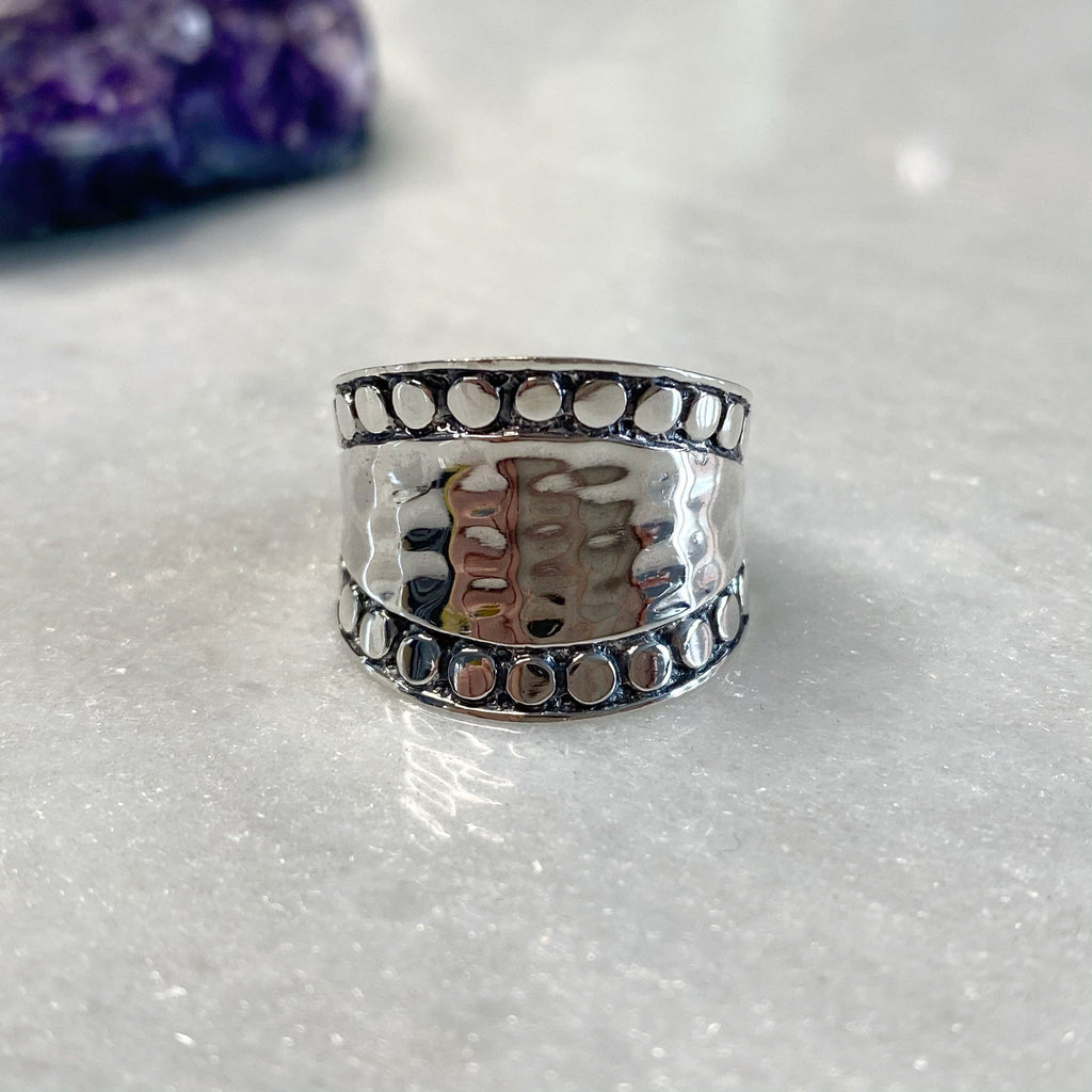 Wide Detailed Hammered Sterling Silver Ring