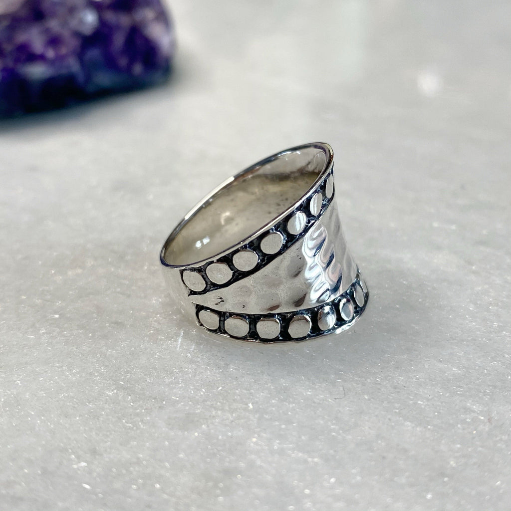 Wide Detailed Hammered Sterling Silver Ring